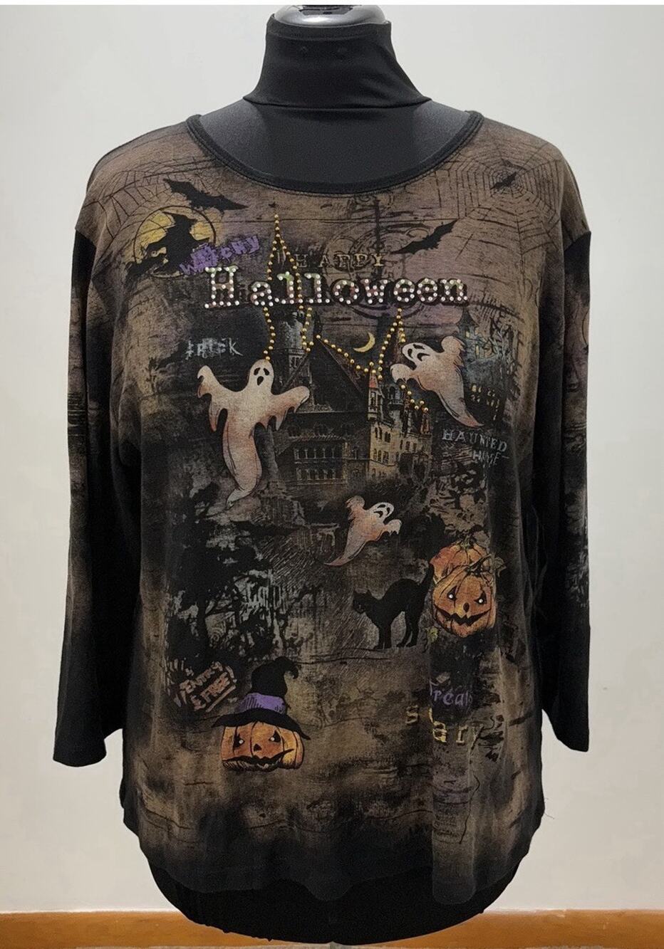 Studio Gem Q Womens 2XL Halloween Shirt Ghost Pumpkin Haunted House Rhinestone